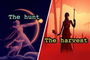Split image: Left - a figure with a bow and arrow and a dog below, labeled "The hunt." Right - a figure with a staff, labeled "The harvest."