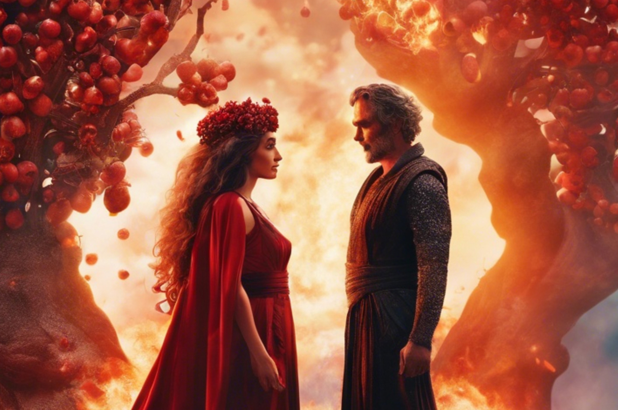AI image of Persephone and Hades with a pomegranate tree on fire behind them.