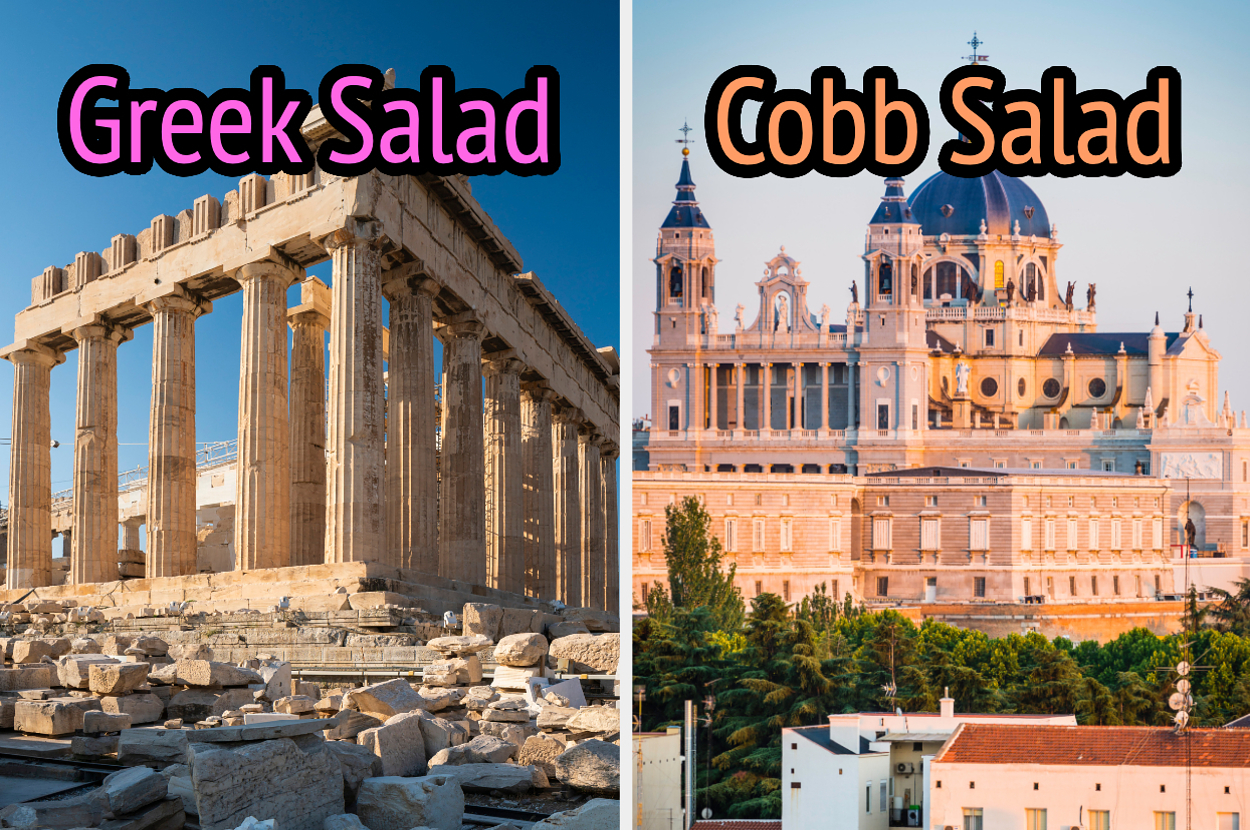 On the left, the Parthenon labeled Greek salad, and on the right, a cathedral in Madrid labeled Cobb salad