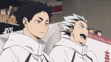 Atsumu Miya y Kōtarō Bokuto, personajes del anime Haikyuu!!, enfocados en una escena durante un partido de voleibol