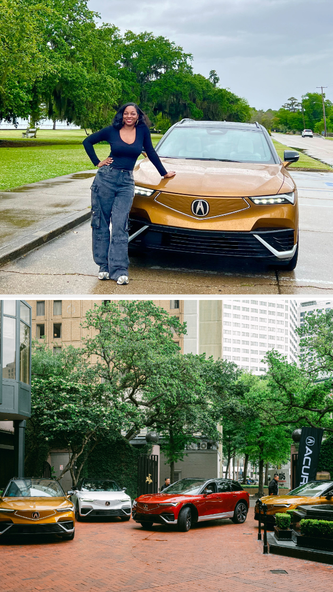 A woman poses beside a gold Acura car on a scenic outdoor road. Below, an assortment of Acura cars are displayed on a brick path in a city setting