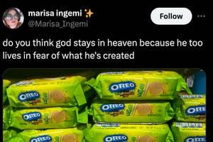 Left image: Twitter post by her (@horny4hooters) shows a notebook with text, "Meeting 5/28 - we’re broke :(". Right image: Twitter post by marisa ingemi (@Marisa_Ingemi) features limited edition Oreos on shelves