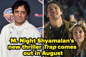 M. Night Shyamalan, Josh Hartnett, and a woman from his new thriller "Trap" at a promotional event. Text highlights the movie's August release