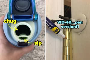spout of a blue owala and wd 40 pen
