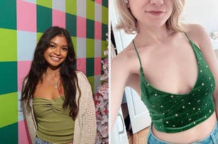 Nupur Sharma in a strapless green top and cream cardigan; Sarah Louzza in a green star-studded camisole. Featured in a Shopping article