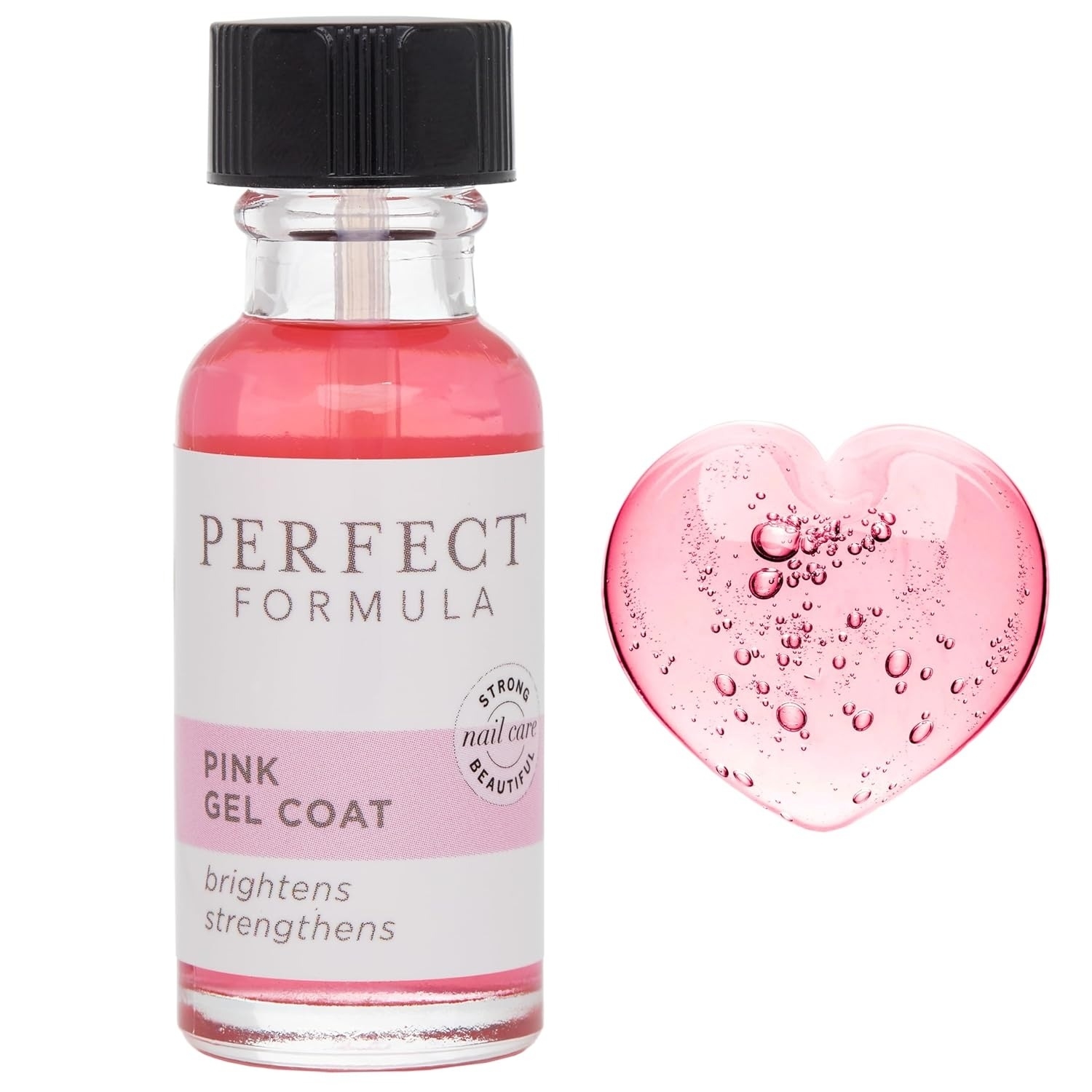 A bottle of Perfect Formula Pink Gel Coat nail polish next to a heart-shaped droplet of pink liquid with bubbles inside. The bottle claims to brighten and strengthen nails
