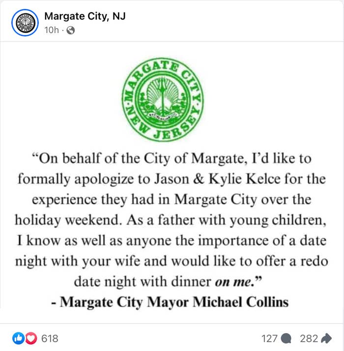 Social media post from Margate City Mayor Michael Collins apologizing to Jason and Kylie Kelce for their holiday experience and offering a redo date night on him