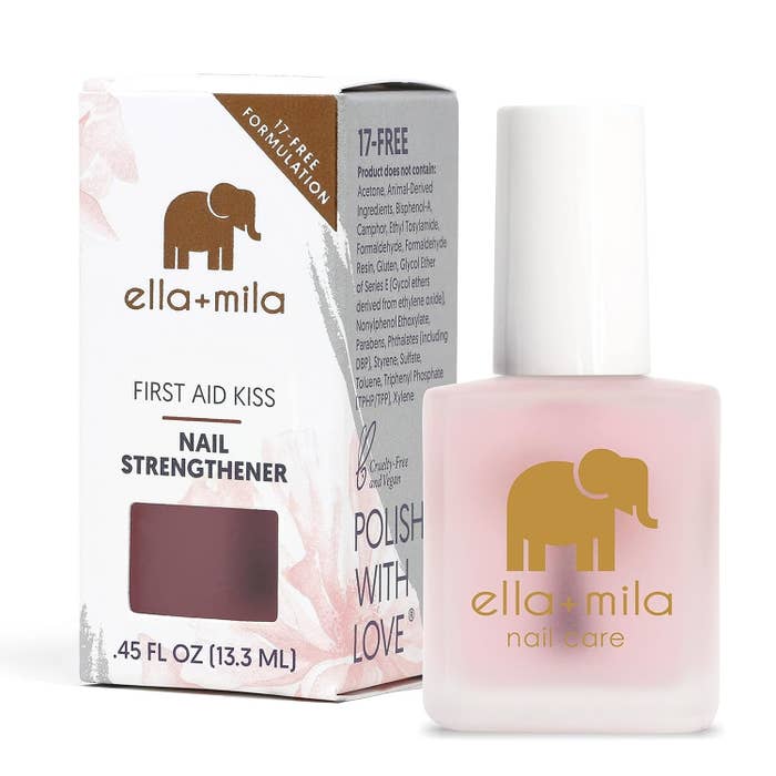 ella+mila First Aid Kiss Nail Strengthener comes in a box with product claims and visible bottle. The Shopping article features this product