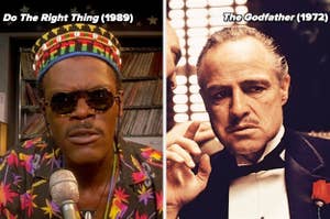Samuel L. Jackson in "Do The Right Thing" (1989) and Marlon Brando in "The Godfather" (1972), each in character, side by side