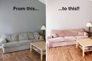 Side-by-side image shows a gray couch on the left and a pink couch on the right with the text: "From this...to this!!" displaying a furniture transformation