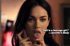 Megan Fox as Jennifer in "Jennifer's Body," holding a pink phone to her ear and sticking out her tongue with a lighter. Text: "Hell is a teenage girl."