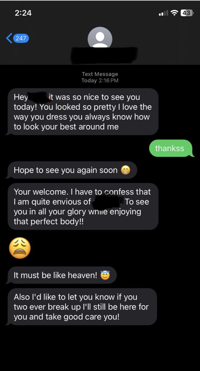 Screenshot of a text conversation with affectionate and flirtatious messages, expressing admiration for the recipient&#x27;s appearance and suggesting meeting again