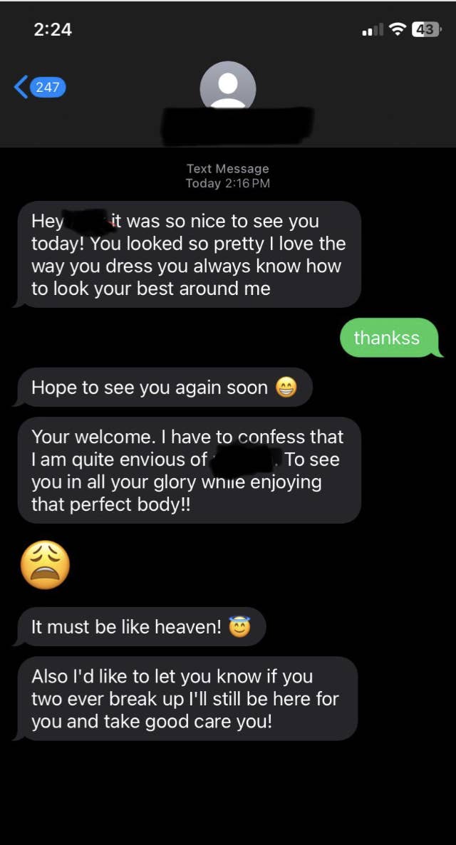 Screenshot of a text conversation with affectionate and flirtatious messages, expressing admiration for the recipient's appearance and suggesting meeting again