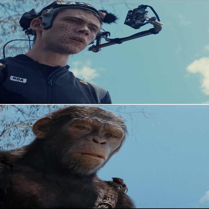 
Top: An actor with motion capture gear on their face, under the text "KINGDOM OF THE PLANET OF THE APES." Bottom: A realistic CGI ape looking ahead