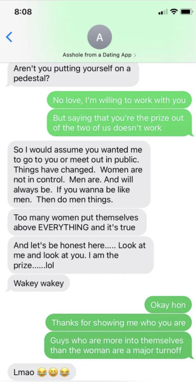 Text conversation: A man complains about women not wanting to meet in public. The woman questions his logic and responds humorously