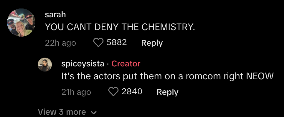 Comments praising on-screen chemistry between actors