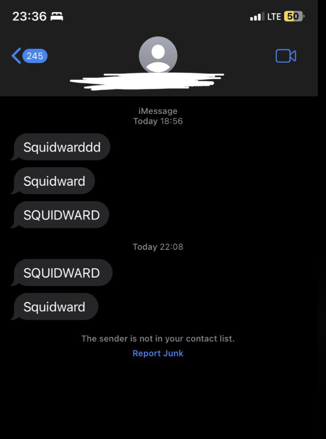 Phone screen showing iMessages from an unknown contact saying variations of &quot;Squidward&quot; several times