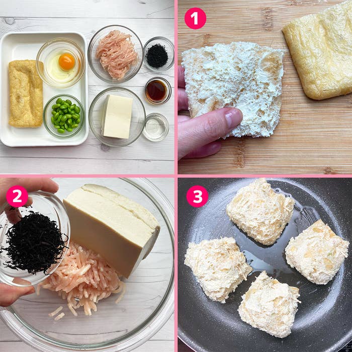 調理過程のコラージュ画像。左上に材料の準備（一枚目）、右上で油揚げを手に持つ（二枚目）、左下でひじきを豆腐と混ぜる（三枚目）、右下でフライパンで調理する（四枚目）。