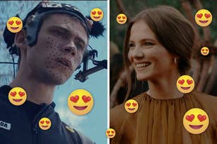 Dylan O'Brien in motion capture gear and Jessica Henwick smiling in a costume from a period film. Both images are overlaid with heart-eyes emojis