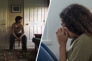 Two people are shown in separate images. One sits on a chair looking away. The other sits with her hands covering her nose and mouth, appearing distressed