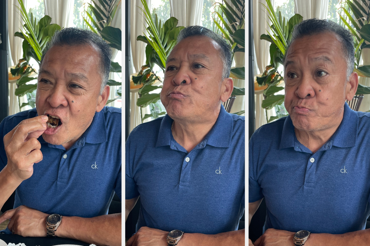 Man in blue polo shirt eating food at a restaurant in a three-panel sequence, savoring each bite. Large green plants in the background