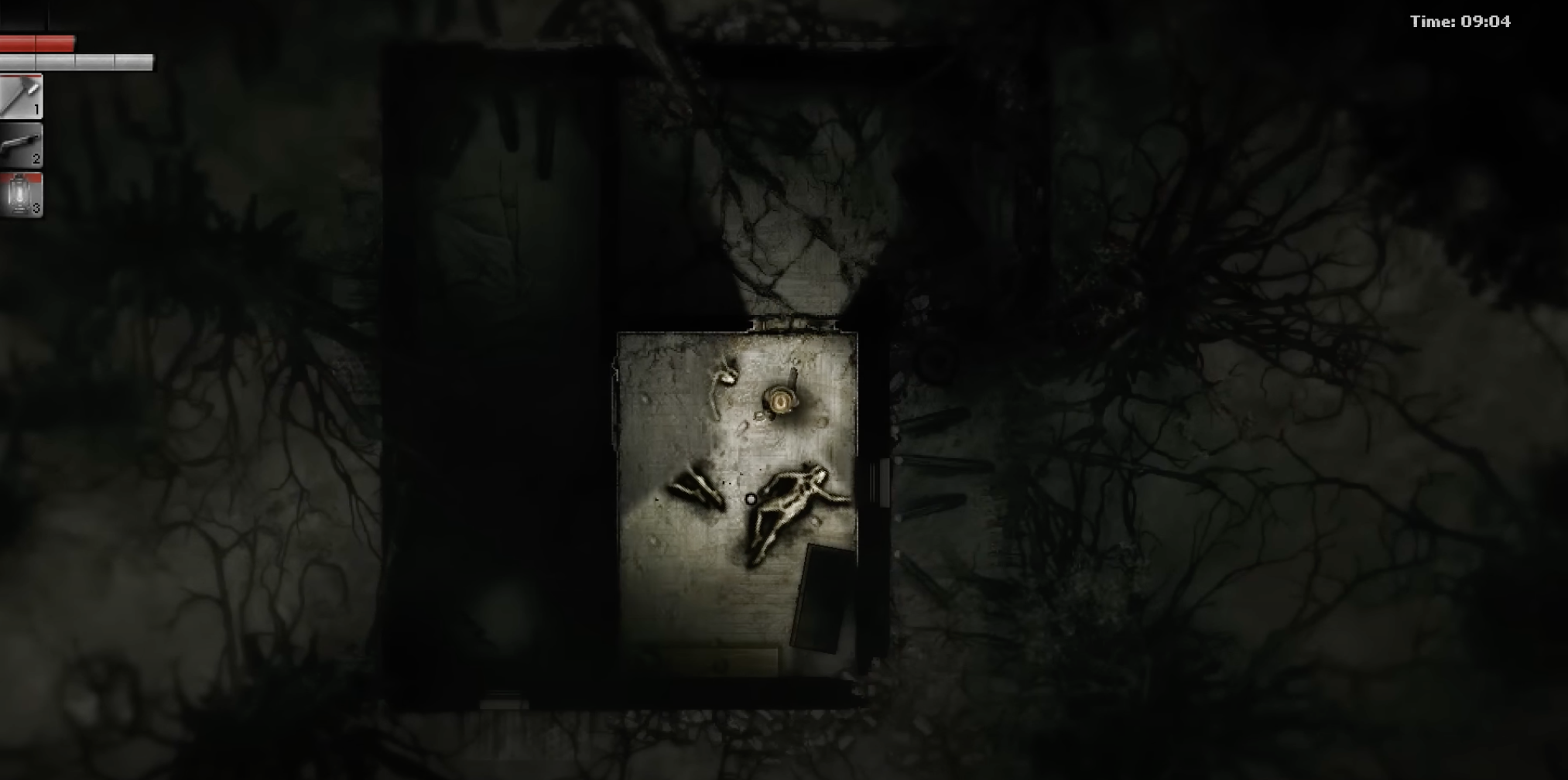 A dimly lit overhead view of a deteriorated room with a skeletal figure and scattered debris. Time displayed in the top-right corner is 09:04