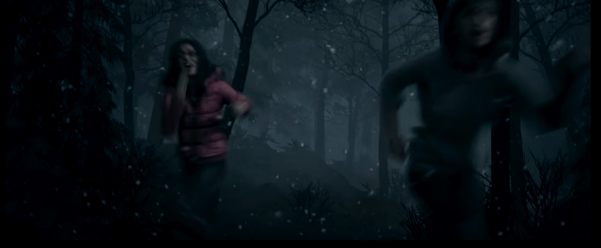 Two people running through a snowy forest at night with determined expressions