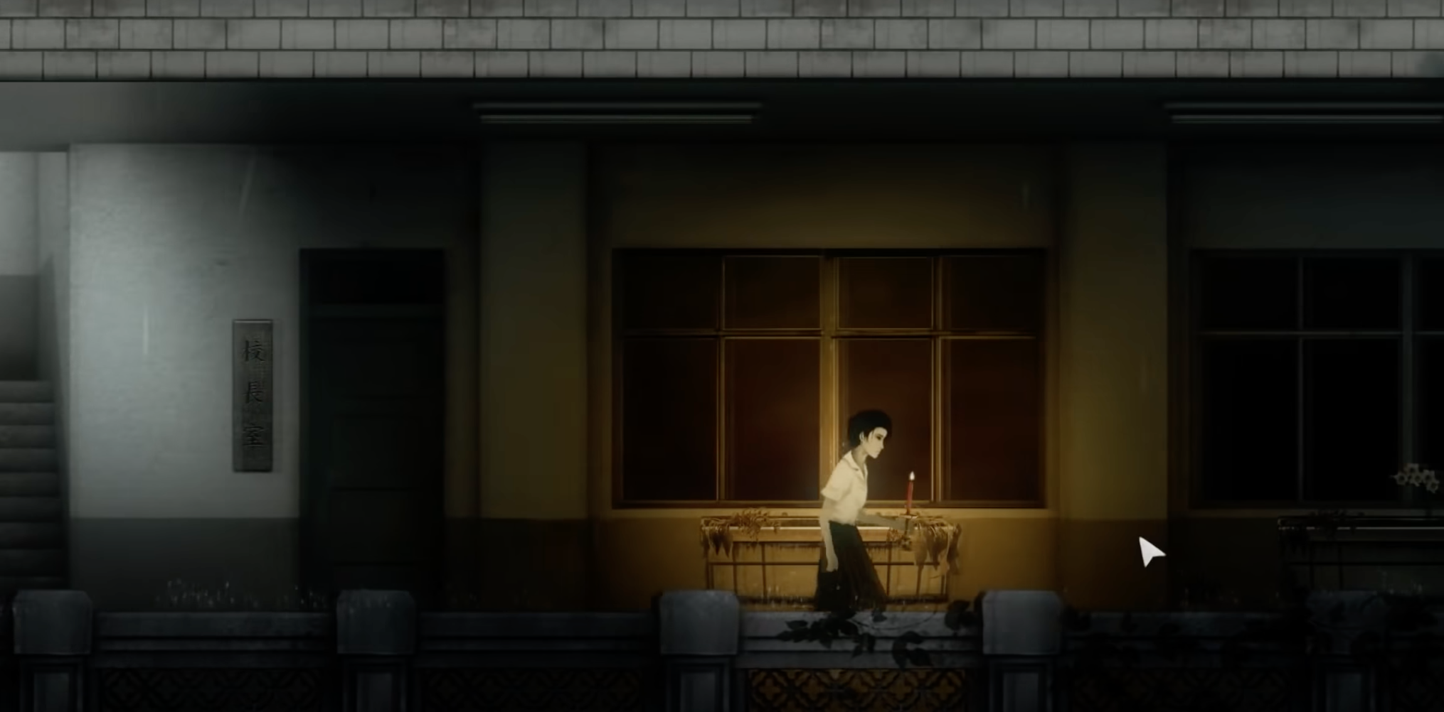 A screenshot from an atmospheric video game depicts a character walking down a dimly lit corridor holding a candle