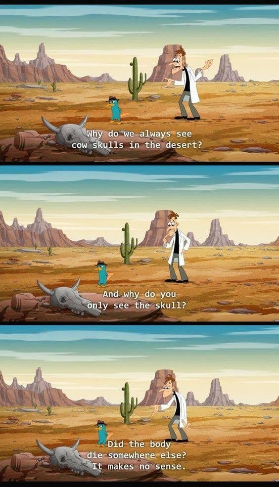 Cartoon of a man in a desert questioning why only cow skulls are found, not the whole body