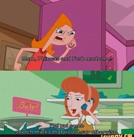 Cartoon frames from &quot;Phineas and Ferb&quot; featuring Candace angry in the first and Linda on the phone in the second