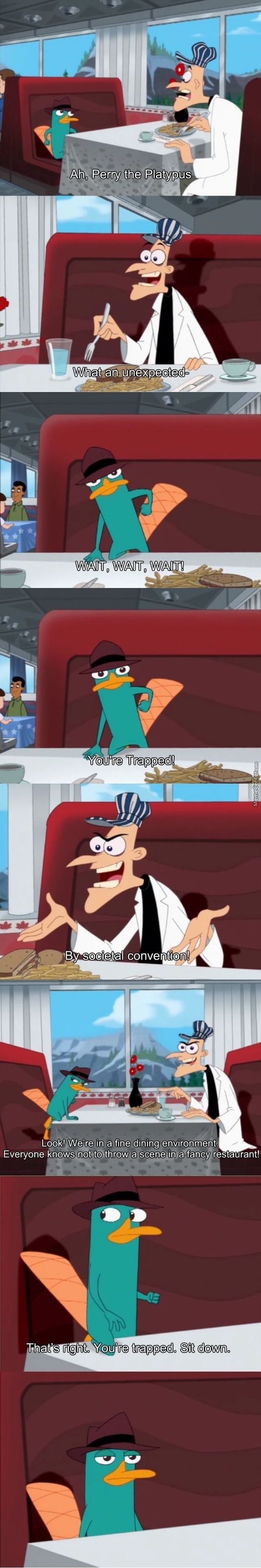 Animated characters from &quot;Phineas and Ferb&quot; engaging in conversation, including Perry the Platypus as Agent P