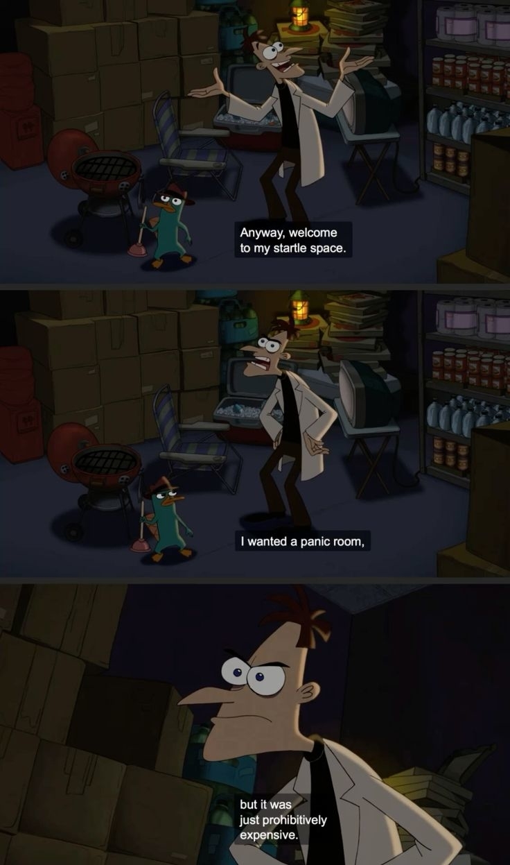 A cartoon image showing characters Phineas and Dr. Doofenshmirtz in a cluttered room with text bubbles expressing Dr. Doofenshmirtz&#x27;s dialogue