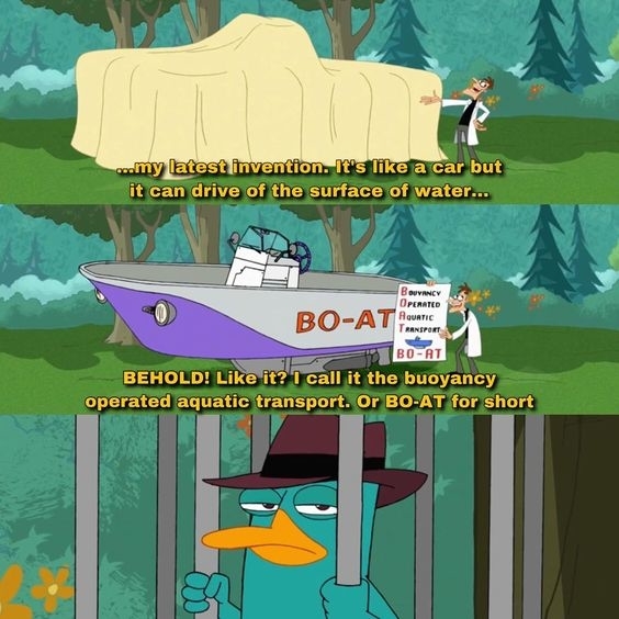 Agent P stands beside his &quot;BO-AT,&quot; an aquatic transport, while Dr. Doofenshmirtz presents it from a distance