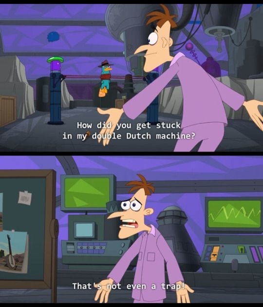 Dr. Doofenshmirtz speaks with Perry the Platypus in a lab, with a double Dutch machine