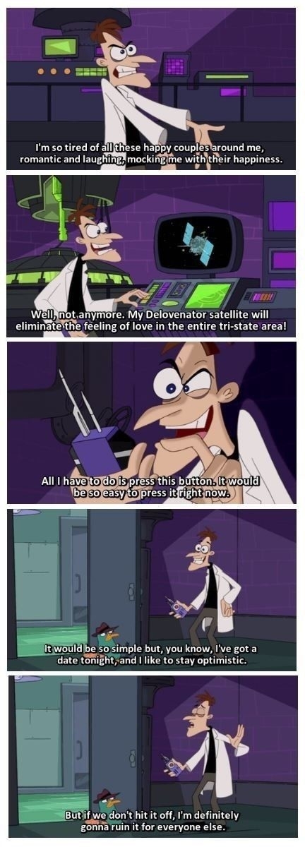 Comic panels from a show featuring Dr. Heinz Doofenshmirtz expressing frustration over romance, followed by a scheme to use an &quot;inator&quot; device
