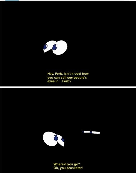 Two panels from a Phineas and Ferb comic. The first shows Phineas talking to Ferb. The second panel implies Ferb disappears, leaving Phineas surprised