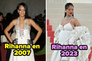 Rihanna en dos fotos: 2007 con vestido blanco y 2023 con vestido adornado con flores, posando