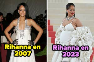 Rihanna en dos fotos: 2007 con vestido blanco y 2023 con vestido adornado con flores, posando
