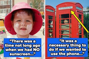 Collage of child with sunscreen on face and person in phone booth with nostalgic captions about past times