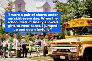 Children in various outfits line up to board a school bus, with a quote about school dress code changes
