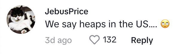 User JebusPrice&#x27;s comment about the use of the word &quot;heaps&quot; in the US, with a thinking face emoji