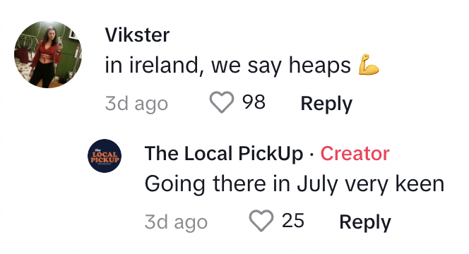 Screenshot of social media comments: a user expresses excitement about visiting Ireland in July and another mentions a local saying