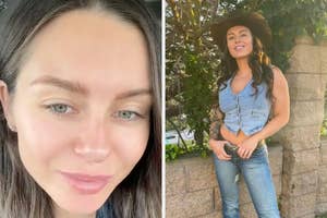 Two side-by-side photos of the same woman, one close-up with no makeup, the other in denim with a cowboy hat outdoors