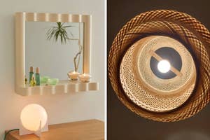 Two modern interior lighting options: a wall-mounted shelf with mirror and globe lamp, and an overhead woven pendant lamp