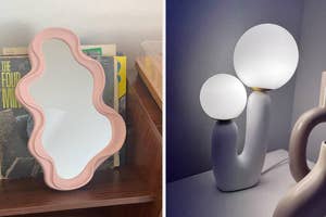 Two images side by side: Left shows a wavy mirror on a shelf; Right features a modern table lamp with round bulbs
