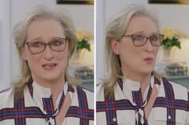 Meryl Streep in character wearing a plaid outfit with glasses, from the film "The Devil Wears Prada"