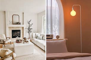 Two minimalist interiors; left with a fireplace and seating, right with a bed and hanging lamp