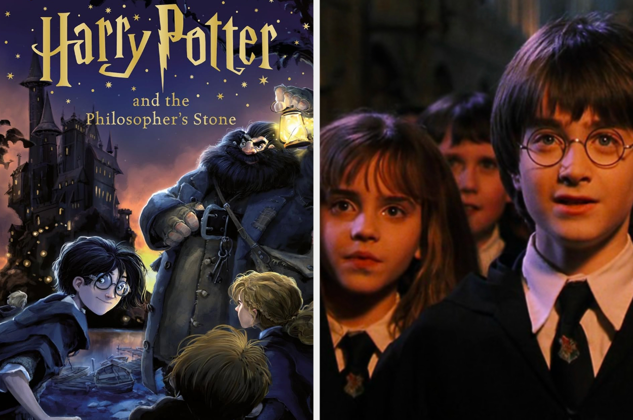 Movie poster of Harry Potter and the Philosopher&#x27;s Stone next to a still of characters Harry, Hermione, and Ron