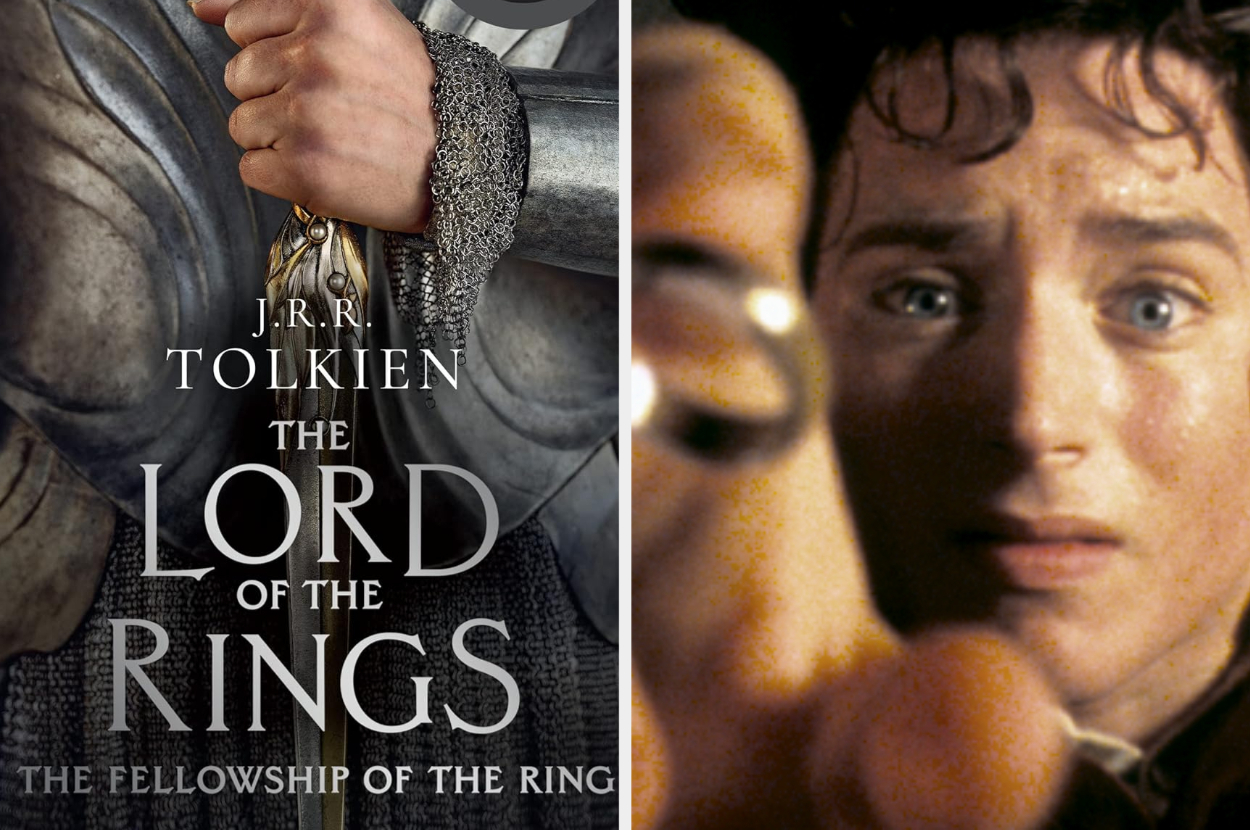 Two side-by-side images: Left shows a hand holding a sword from &quot;The Lord of the Rings,&quot; right is Frodo looking scared