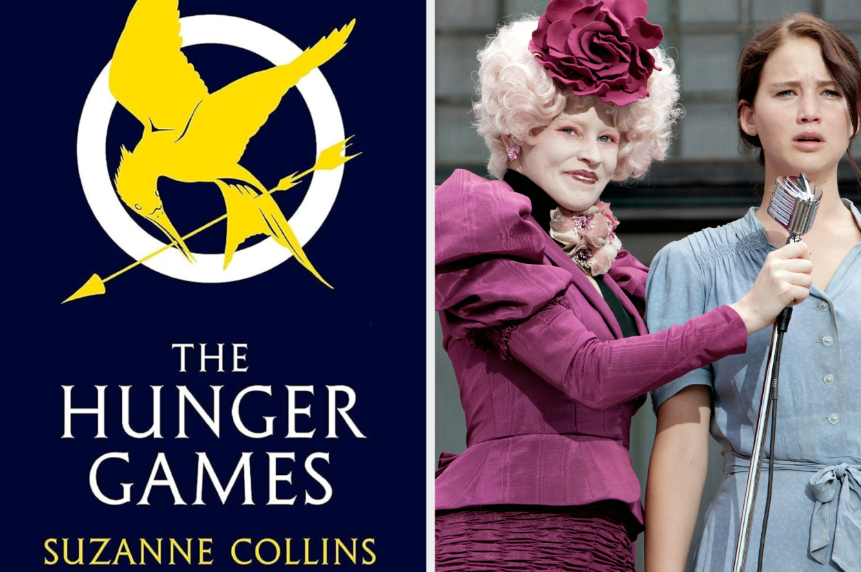 Book cover for &quot;The Hunger Games&quot; next to Effie Trinket and Katniss Everdeen from the film